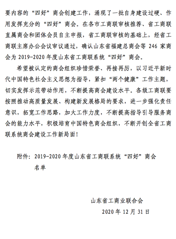 喜报 I 我会荣获山东省工商联系统“四好”商会荣誉称号