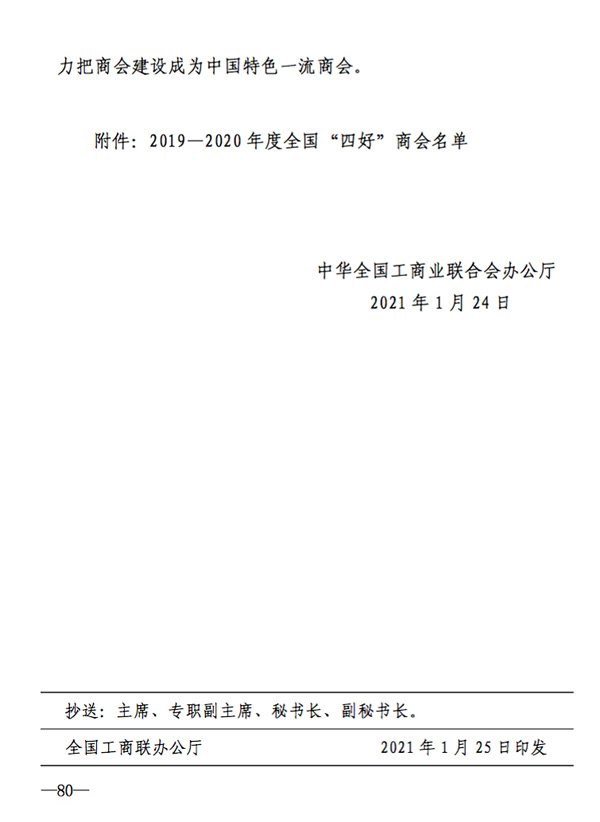 喜报 I 我会荣获2019-2020 年度全国“四好“商会荣誉称号